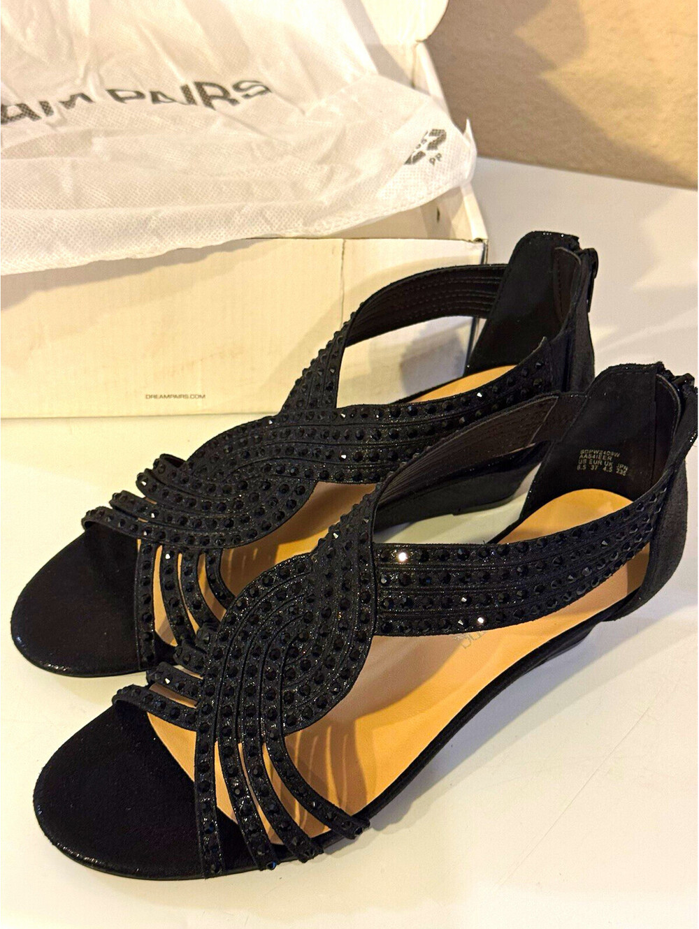DREAM PAIRS WEITZ Black Rhinestone Strappy Low Wedge Sandals Women 6.5 New